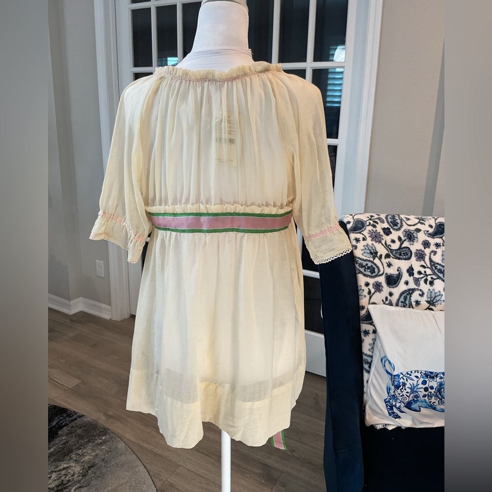 NWT Free People Cream Gauze Empire Waist Tunic Blouse – Pink & Green Ribbon - Picture 7 of 16